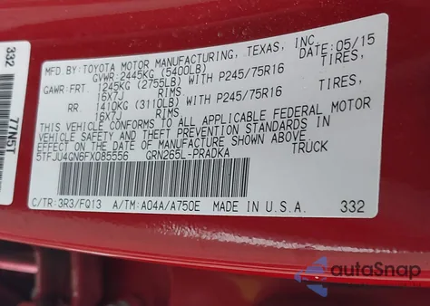 2015 Toyota Tacoma Prerunner V6 z USA, uszkodzony, nr VIN 5TFJU4GN6FX085556